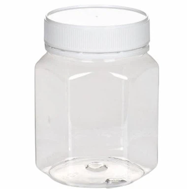 Kuusnurkne plastikust PET-purk võltsimiskindla kaanega